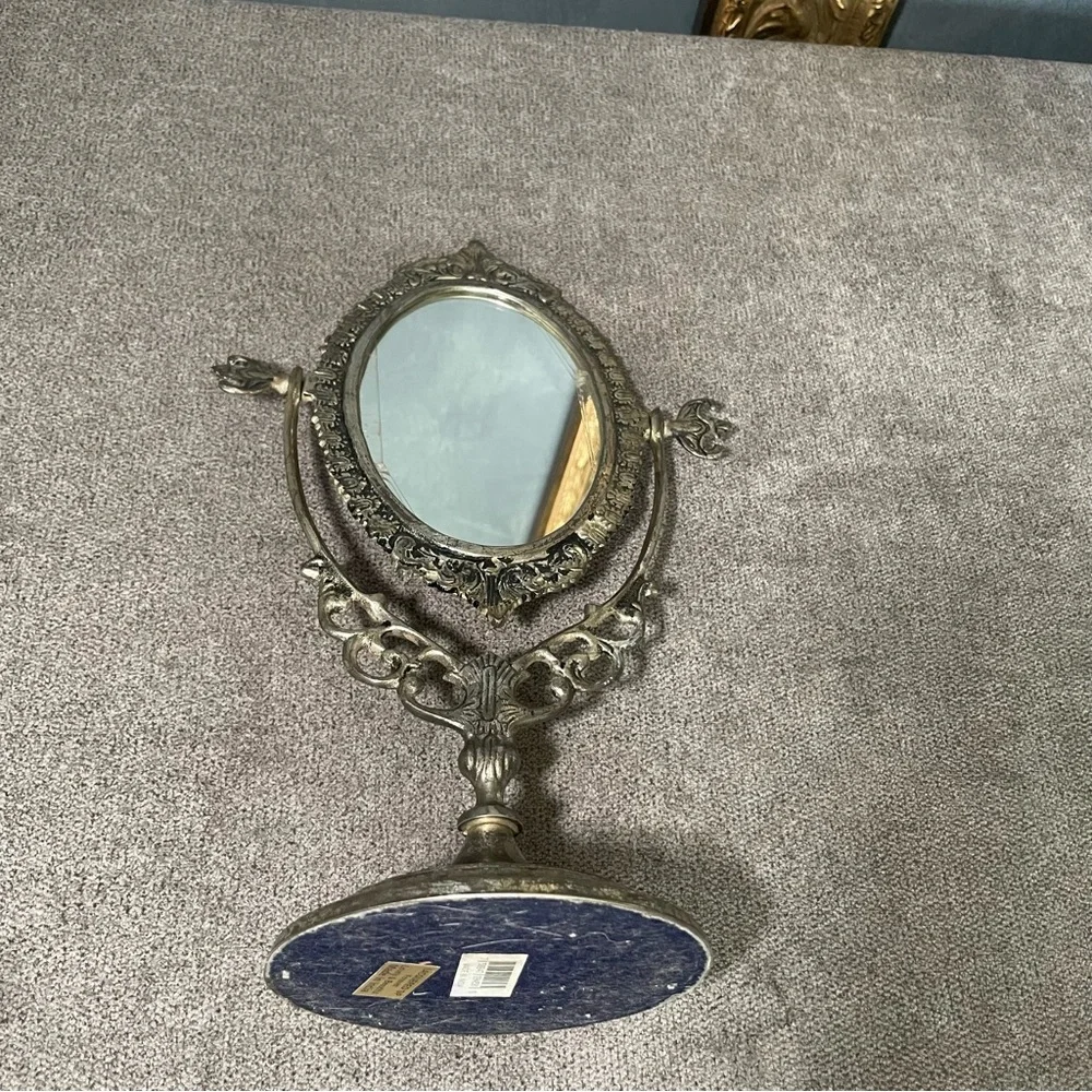 Vintage Ornate European Style Brass Toned Metal Vanity Mirror